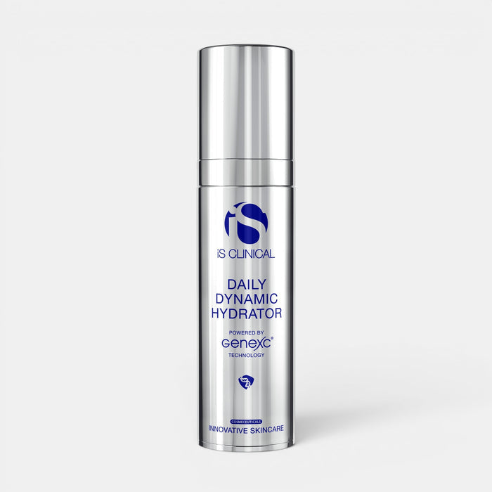 IS Clinical daily dynamic hydrator positioned upright in a cylindrical bottle with a reflection on the bottom. Formula to prevent aging and defend environmental stressors.