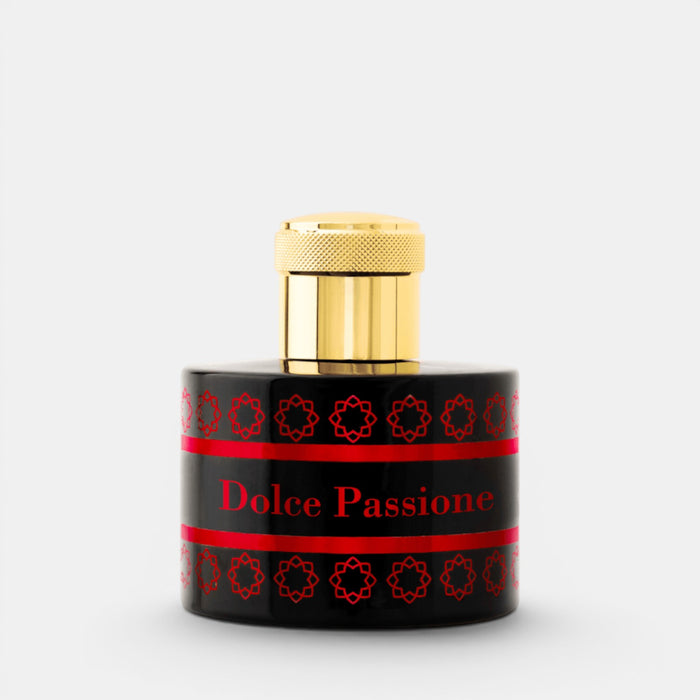 A bottle of Dolce Passion perfume with a black body, red patterned bands, and a shiny gold cap, set against a light gray background.