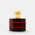 A bottle of Dolce Passion perfume with a black body, red patterned bands, and a shiny gold cap, set against a light gray background.