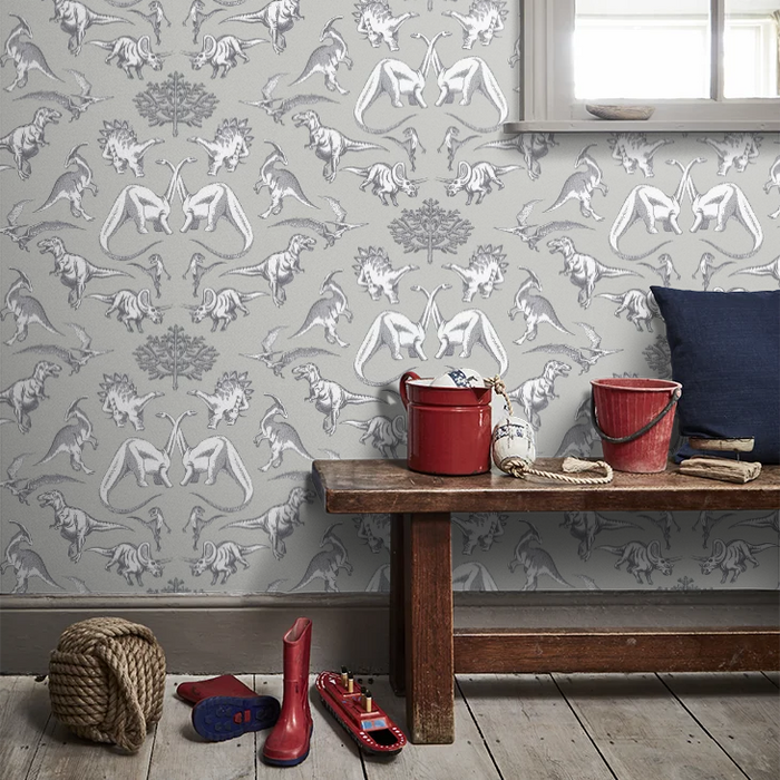 Dotty Dinosaurs Wallpaper - Grey