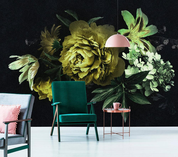 Drama Queen Floral - Black/Green - Custom Sized Wallpaper Mural (per m2)