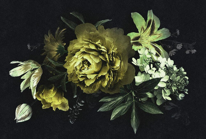 Drama Queen Floral - Black/Green - Custom Sized Wallpaper Mural (per m2)