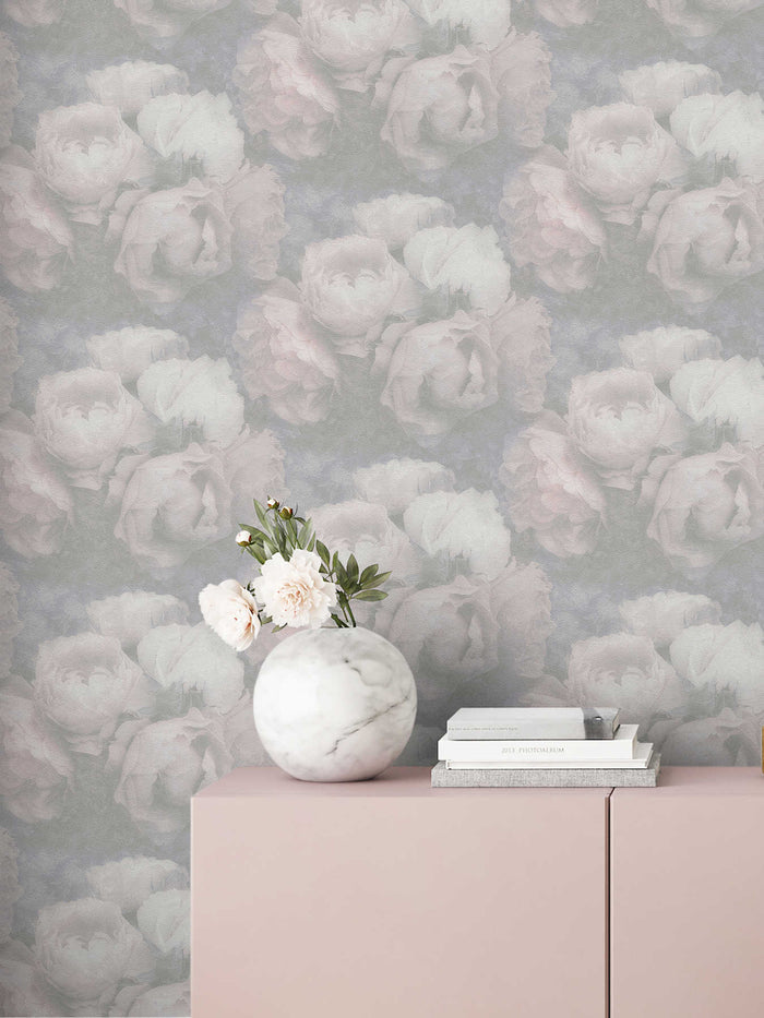 Dreamy Rose Wallpaper - Soft Grey- Discontinuing
