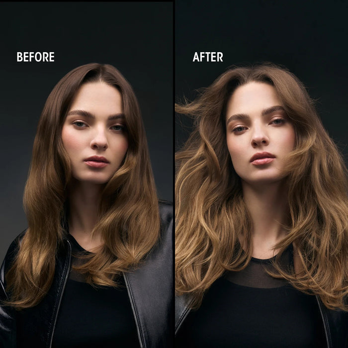 Shop Rescue Spa Dry Texturizing Spray before and after comparison showing increased hair volume and texture on a model.