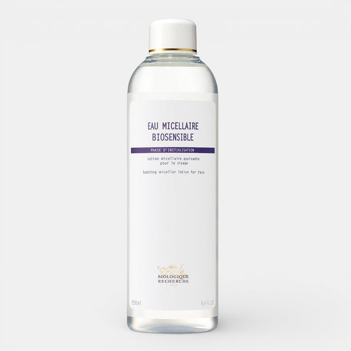 Biologique Recherche Eau Micellaire Biosensible bottle with soft, minimalist packaging, ideal for sensitive skin makeup removal.