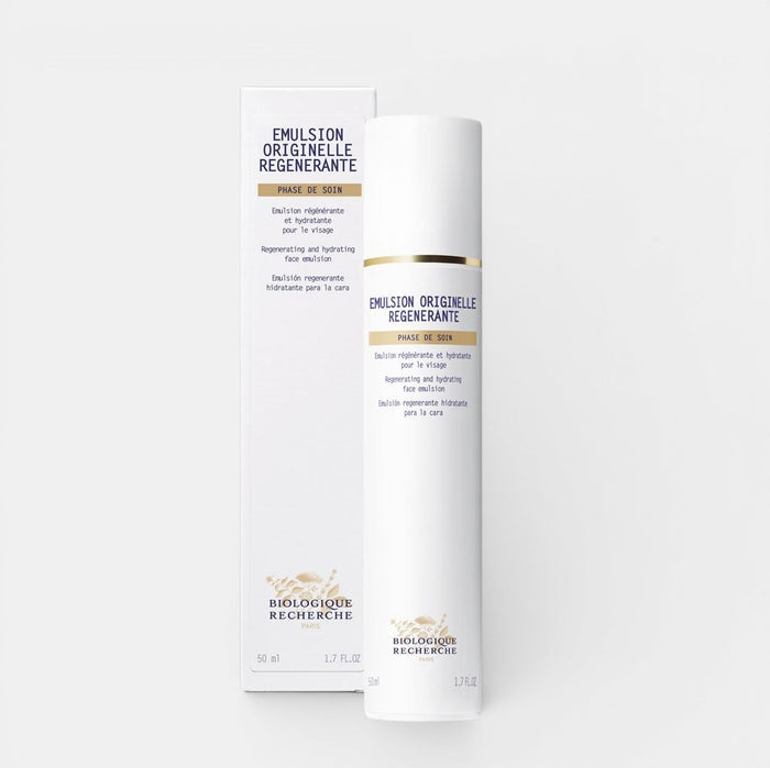 White tube of Biologique Recherche Emulsion Originelle Régénérante face cream standing upright on a white background.