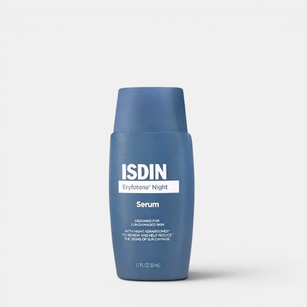 Front-facing product photo of ISDIN Eryfotona Night Serum on a clean white background, showing sleek clinical packaging and minimalist design.