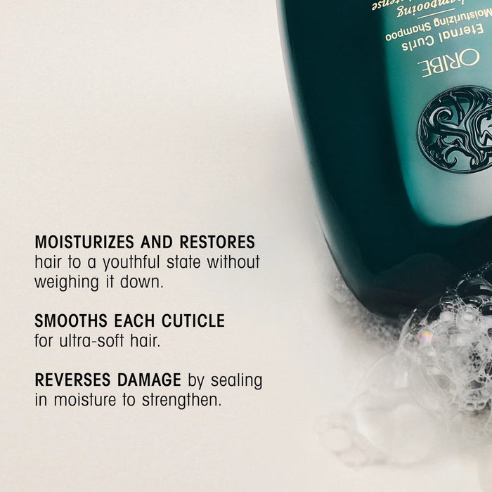 Shop Rescue Spa Oribe Eternal Curls Moisturizing Shampoo bottle with lather and text highlighting benefits for curly hair.
