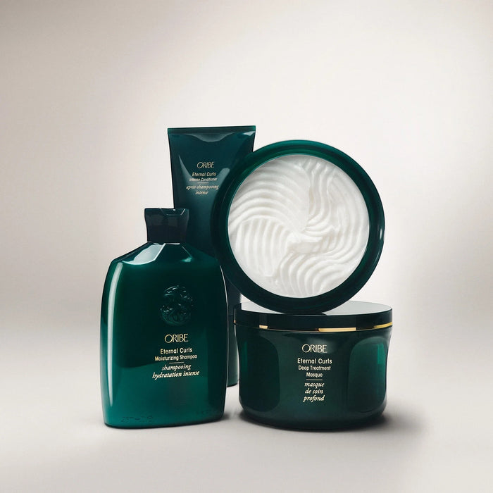 Shop Rescue Spa ORIBE Eternal Curls Moisturizing Shampoo and Deep Treatment Masque in dark green bottles.