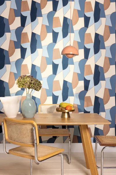 Etoffe Wallpaper - Bleu Camel Or