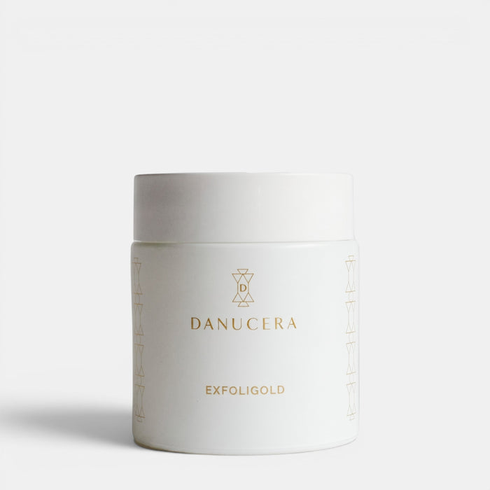 Shop Rescue Spa Danucera Exfoligold non-abrasive facial scrub in a white jar with gold branding