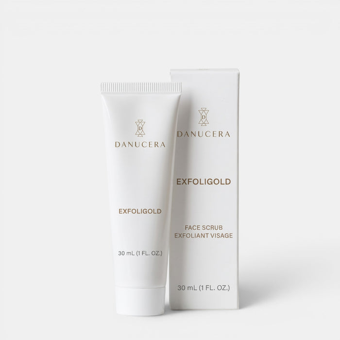Shop Rescue Spa Danucera Exfoligold non-abrasive facial scrub in a 30ml white tube and matching box
