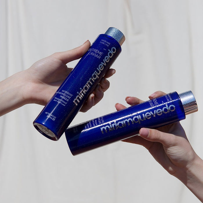 Shop Rescue Spa Miriam Quevedo Extreme Caviar Intensive Anti-Aging Luxe Masque bottles held by hands