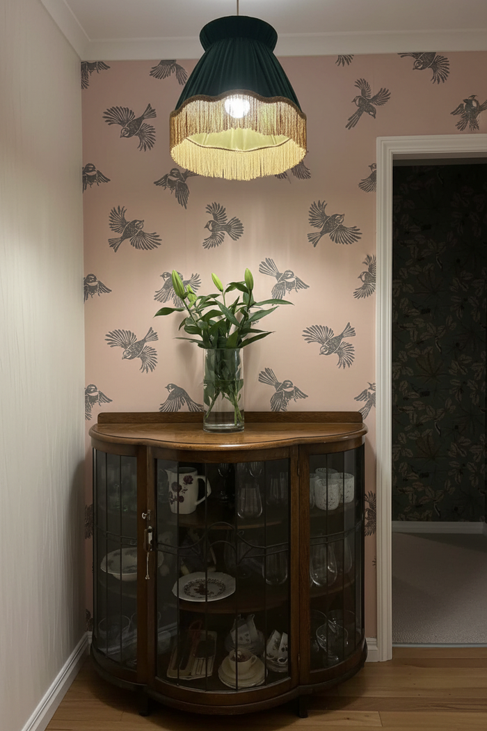 Hallway with Fantail Wallpaper and Victorian Lampshade