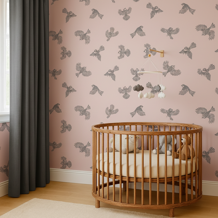 Nursery with Rustic Cot and Fantail Wallpaper
