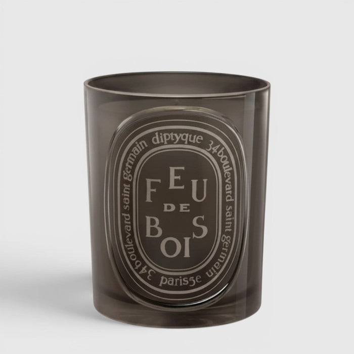 Shop Rescue Spa Diptyque Feu de Bois scented candle in a dark grey glass vessel with signature oval label.