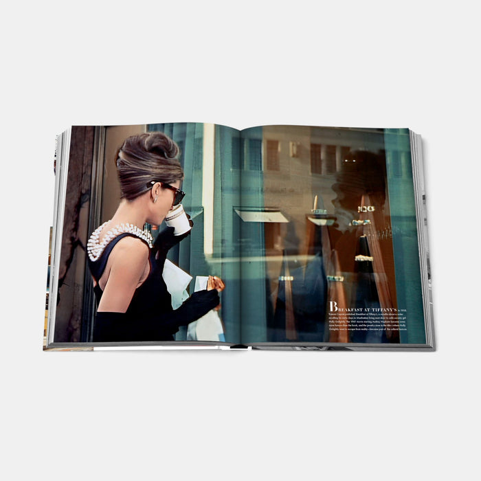 Shop Rescue Spa Fifth Avenue book open to a page featuring Audrey Hepburn in Breakfast at Tiffany's
