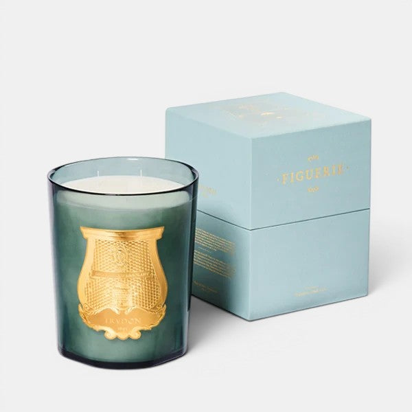 Shop Rescue Spa Figuerie Collection candle in a dark green glass jar with gold emblem, next to a light blue box.