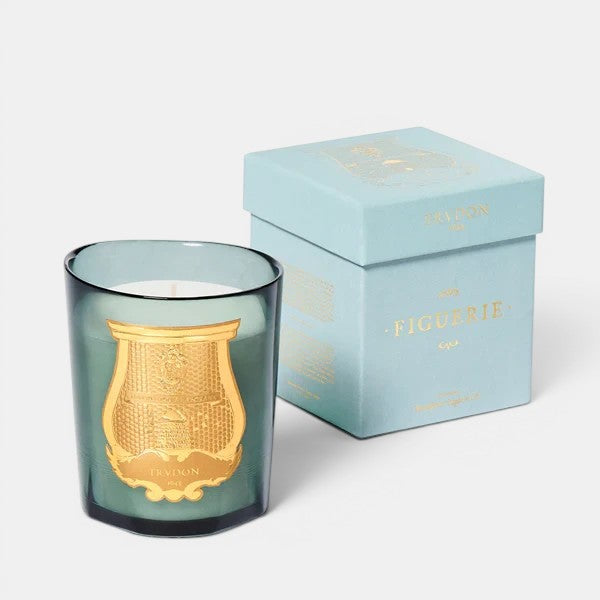 Shop Rescue Spa Figuerie Collection candle in a teal glass vessel with gold emblem. Box is light blue with gold text.