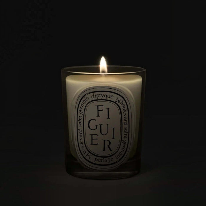 Shop Rescue Spa Diptyque Figuier candle in a clear glass vessel with a glowing flame against a dark background