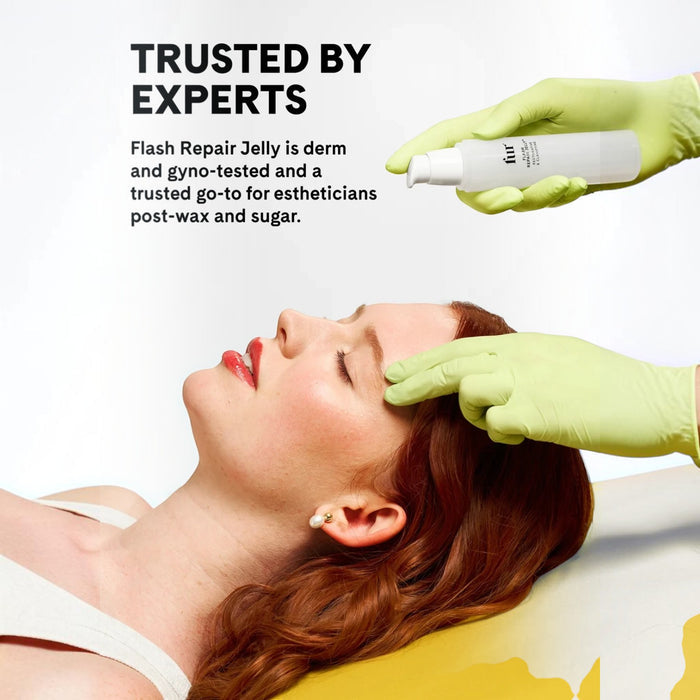 Shop Rescue Spa Flash Repair Jelly being applied to a client's face by an esthetician wearing lime green gloves.