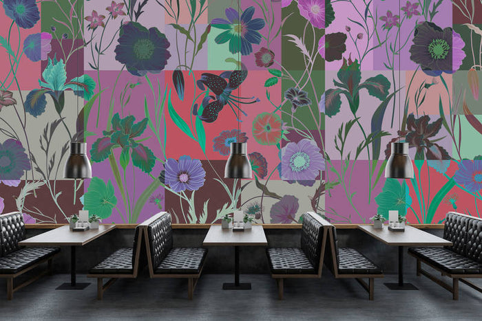 Floral Patchwork - Purple - Custom Sized Wallpaper Mural (per m2)