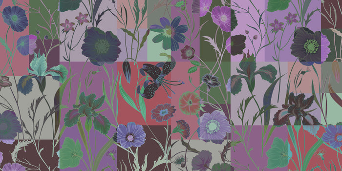 Floral Patchwork - Purple - Custom Sized Wallpaper Mural (per m2)
