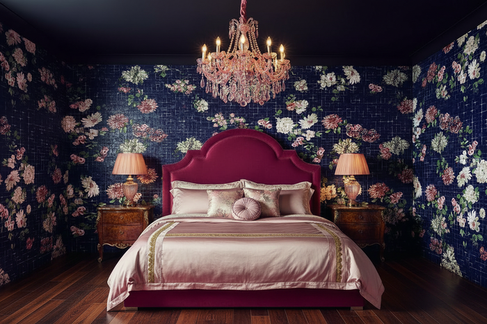 Floral Tiles NZ Bedroom - Dark Timber Floor & Blush Linen