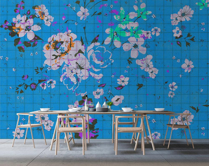 Flower Plaid 1 Mural - Blue - Custom Sized Wallpaper Mural (per m2)
