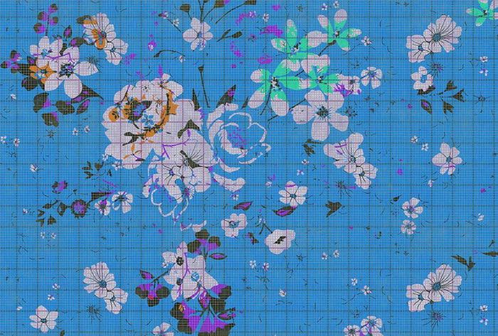 Flower Plaid 1 Mural - Blue - Custom Sized Wallpaper Mural (per m2)