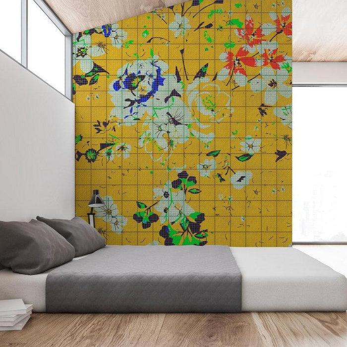Flower Plaid 1 Mural - Yellow - Custom Sized Wallpaper Mural (per m2)