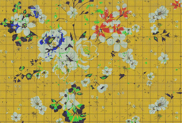 Flower Plaid 1 Mural - Yellow - Custom Sized Wallpaper Mural (per m2)