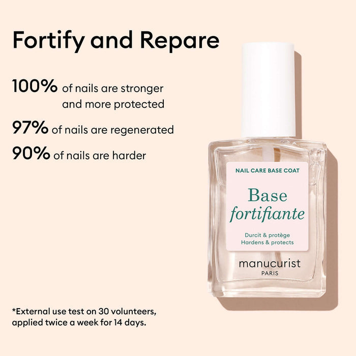 Manucurist base coat bottle with nail strength and regeneration statistics on a beige background