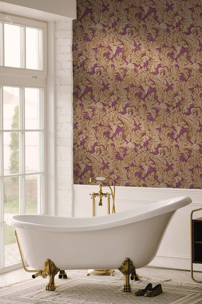 Forenza Ornate Leaves wallpaper in berry on a feature wall