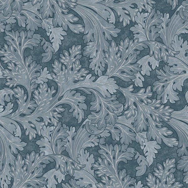 Navy forenza ornate leaves wallpaper with ornate scrolling acanthus leaves in a damask rhythm — flat pattern detail