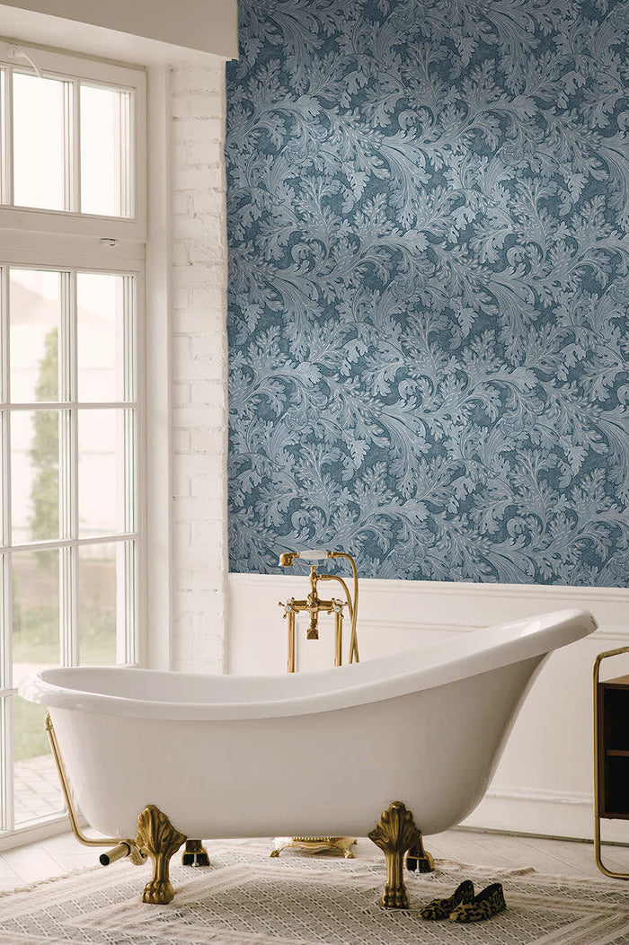 Forenza Ornate Leaves wallpaper in navy on a feature wall