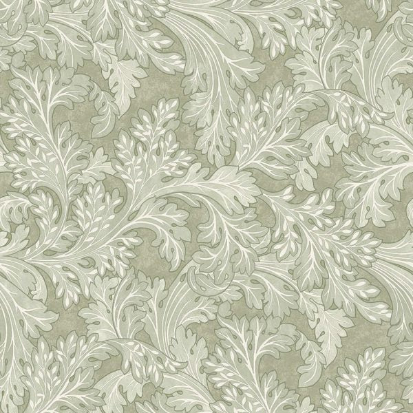 Sage forenza ornate leaves wallpaper with ornate scrolling acanthus leaves in a damask rhythm — flat pattern detail