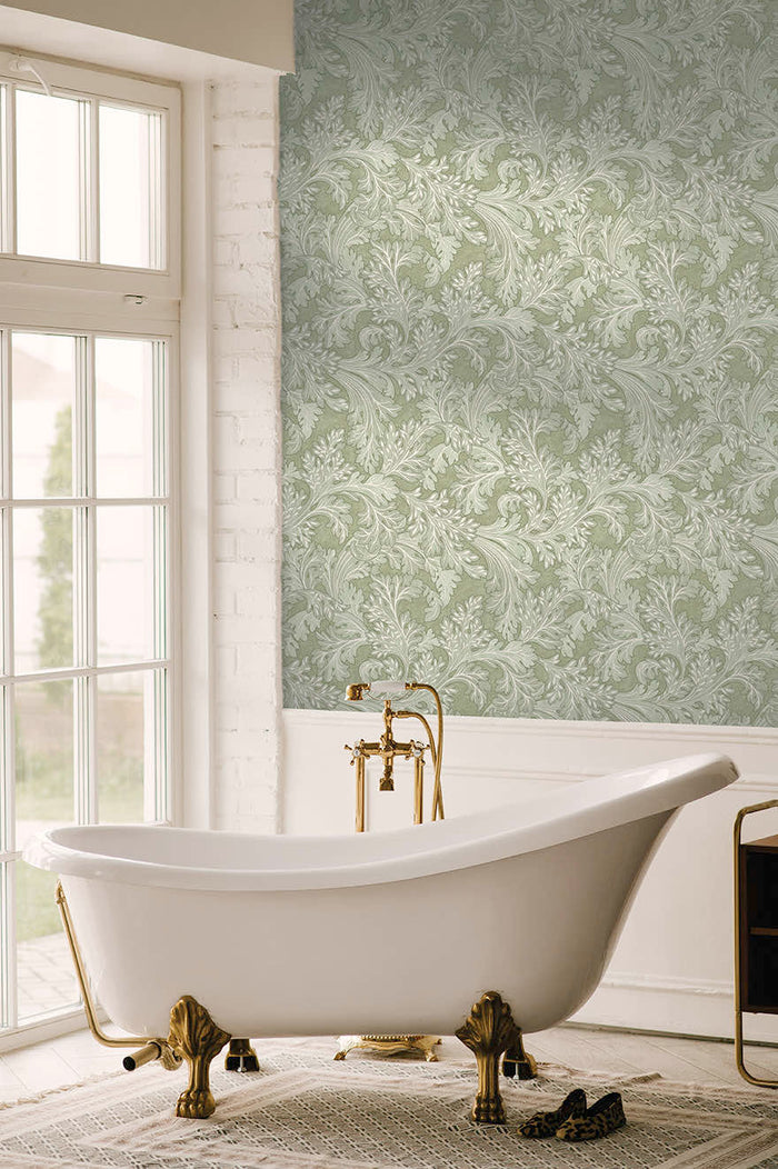 Forenza Ornate Leaves wallpaper in sage on a feature wall