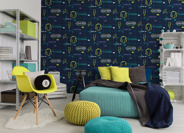 Gamer Wallpaper - Navy/Neon Yellow - LAST 4 ROLLS