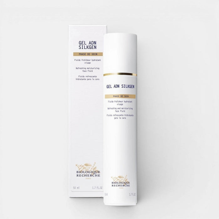 Biologique Recherche Gel ADN Silkgen – lightweight, hydrating gel in a sleek clear bottle with white cap, designed to tone, soften, and protect all skin types. Available at Shop Rescue Spa