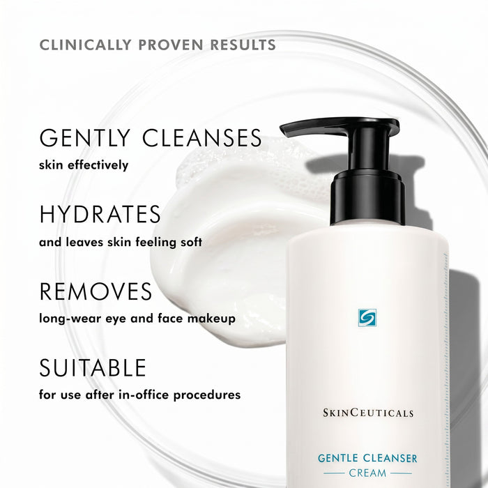 Shop Rescue Spa SkinCeuticals Gentle Cleanser cream bottle with pump and creamy texture swatch on white background