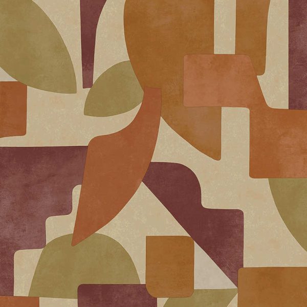 Burgundy/Burnt Orange geo linnet wallpaper with interlocking Art Deco arcs and blocks — flat pattern detail