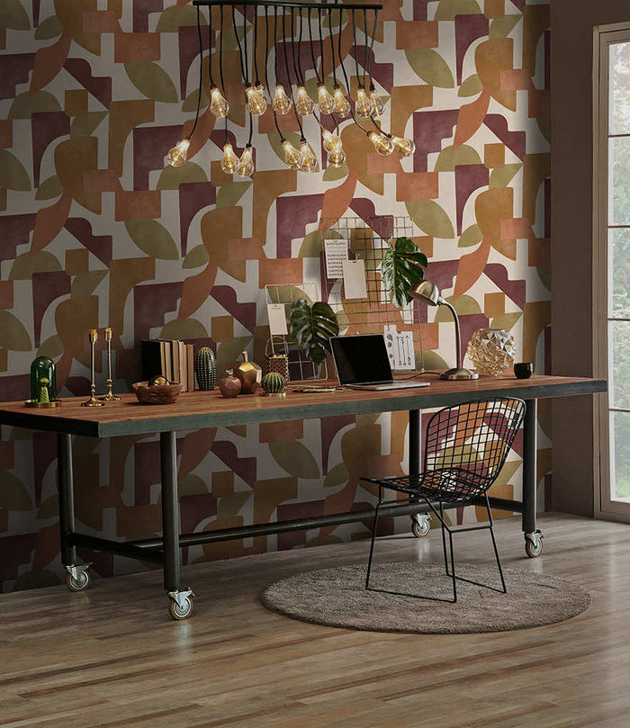 Geo Linnet Geometric wallpaper in burgundy/burnt orange on a feature wall