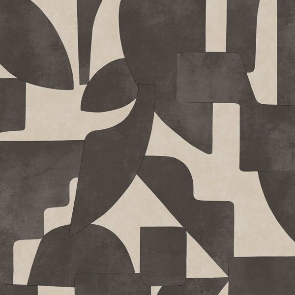 Cream/Charcoal geo linnet wallpaper with interlocking Art Deco arcs and blocks — flat pattern detail