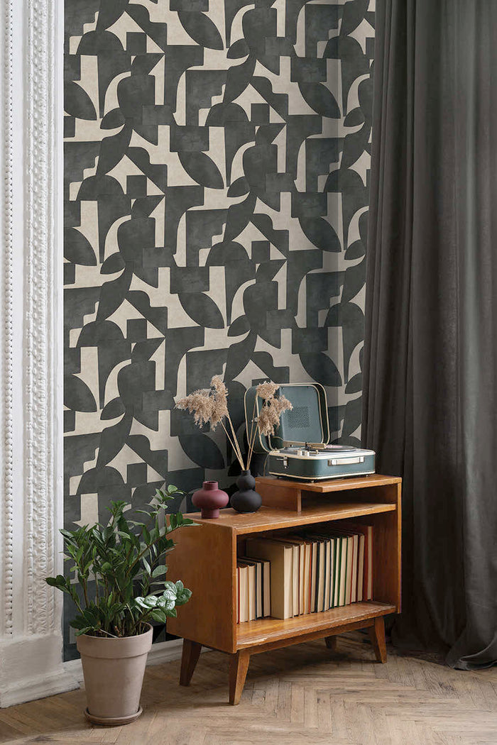 Geo Linnet Geometric wallpaper in cream/charcoal on a feature wall