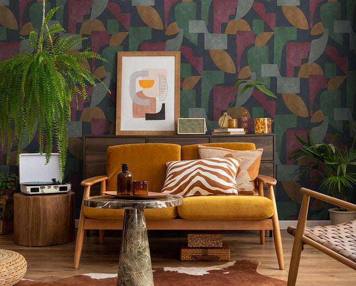 Geo Linnet Geometric wallpaper in navy/berry on a feature wall