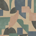 Taupe/Aqua geo linnet wallpaper with interlocking Art Deco arcs and blocks — flat pattern detail