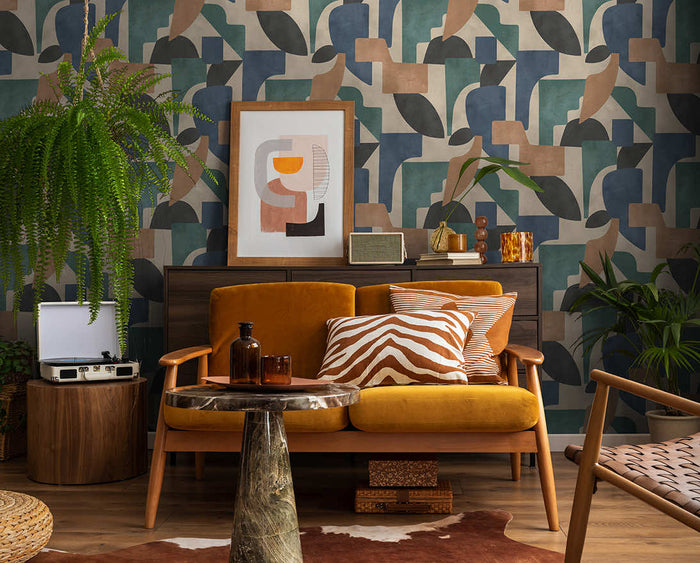 Geo Linnet Geometric wallpaper in taupe/aqua on a feature wall