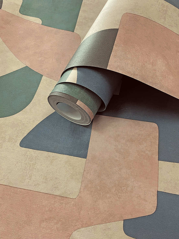 Roll of Geo Linnet Geometric taupe/aqua wallpaper