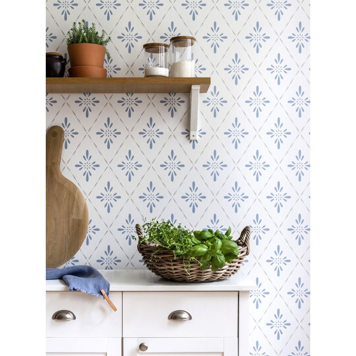 Geo Star Floral Wallpaper - Blue